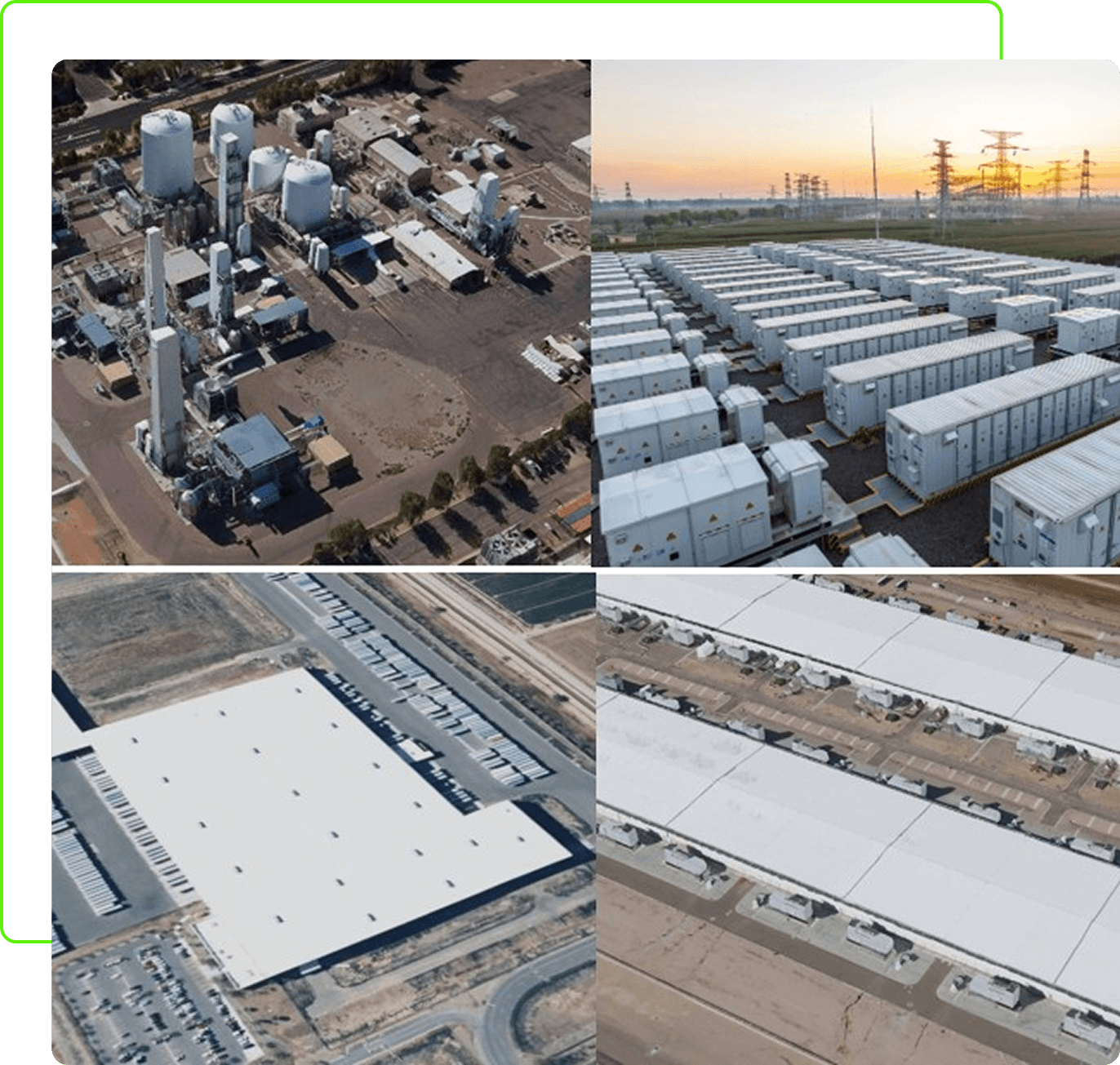solar farms, battery plants, data centers, petrochemical industry, mining, manufacturing, storage, logistics
